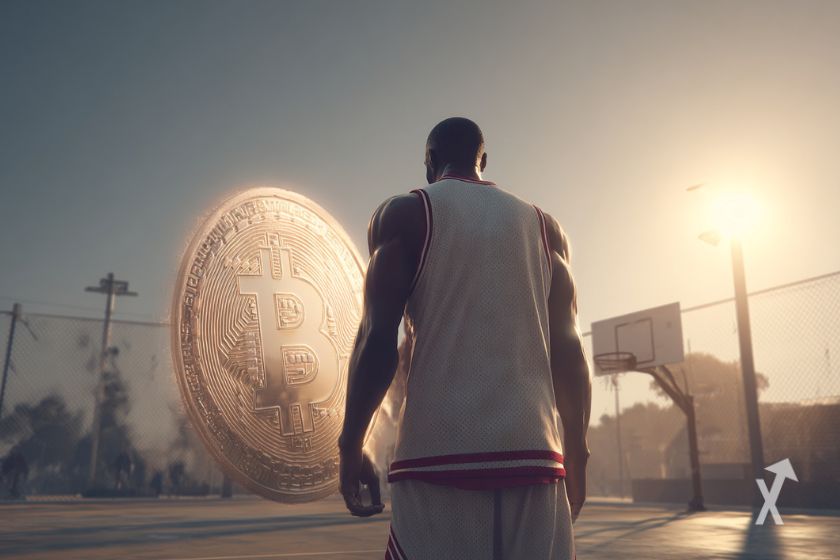 Jugador de baloncesto mira Bitcoin gigante.