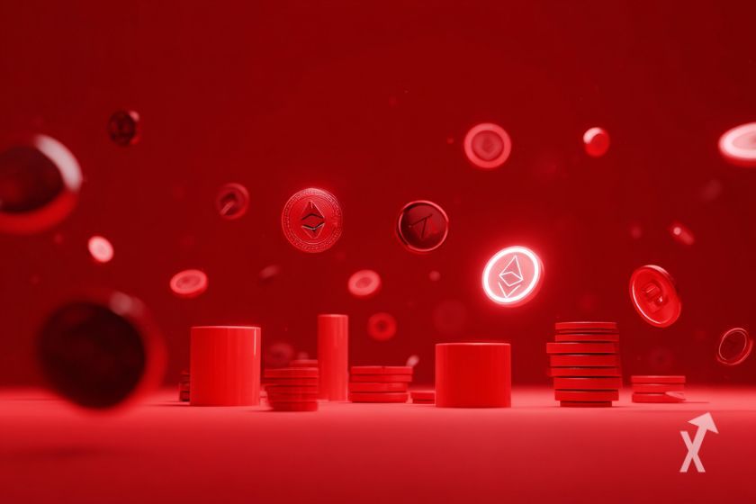 Fondo rojo con criptomonedas volando.