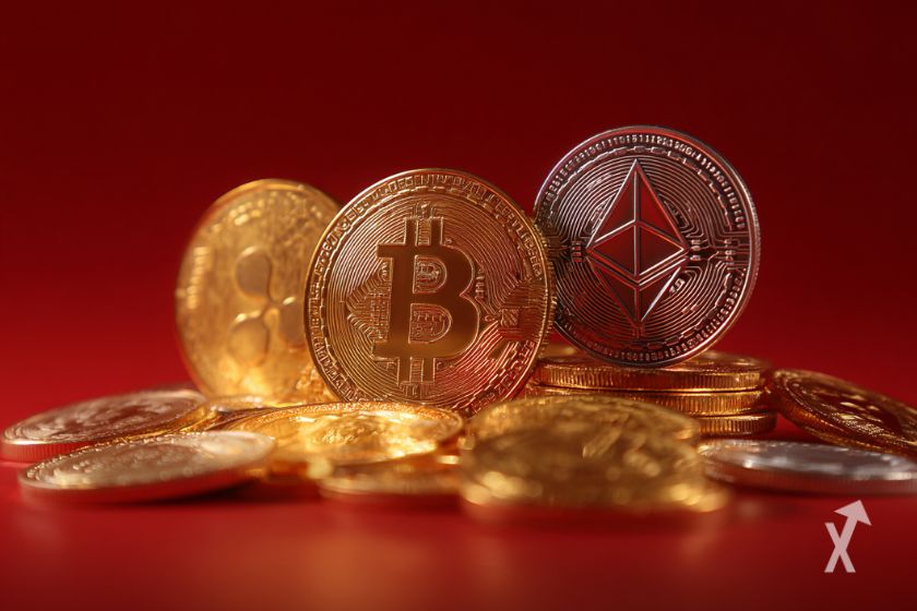 Criptomonedas Bitcoin, XRP y ETH apiladas.