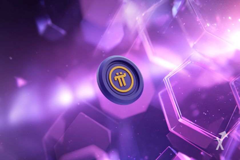 "Token Pi Coin en fondo violeta"