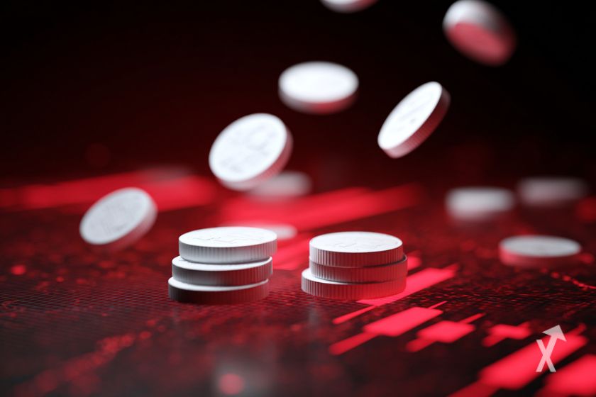 "Fichas blancas en gráfico rojo."