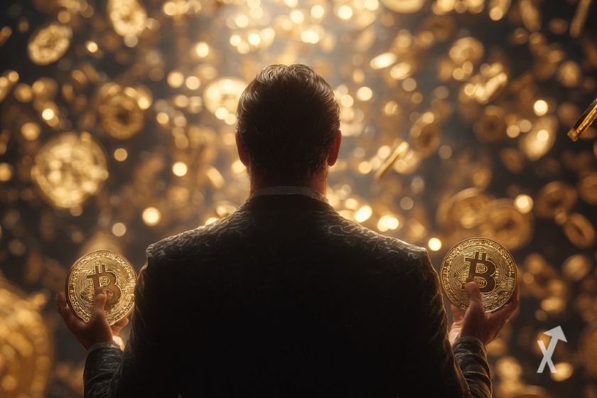 "Hombre de negocios con bitcoins cayendo"