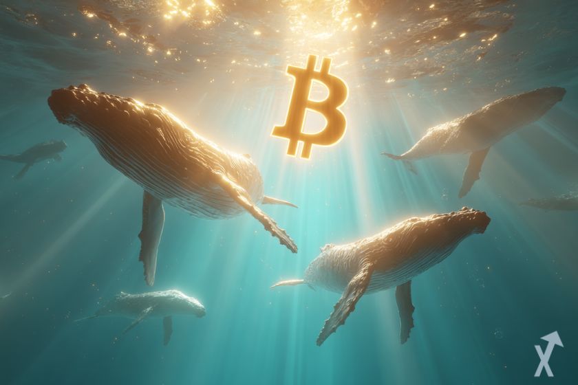 Varias ballenas con un bitcoin.