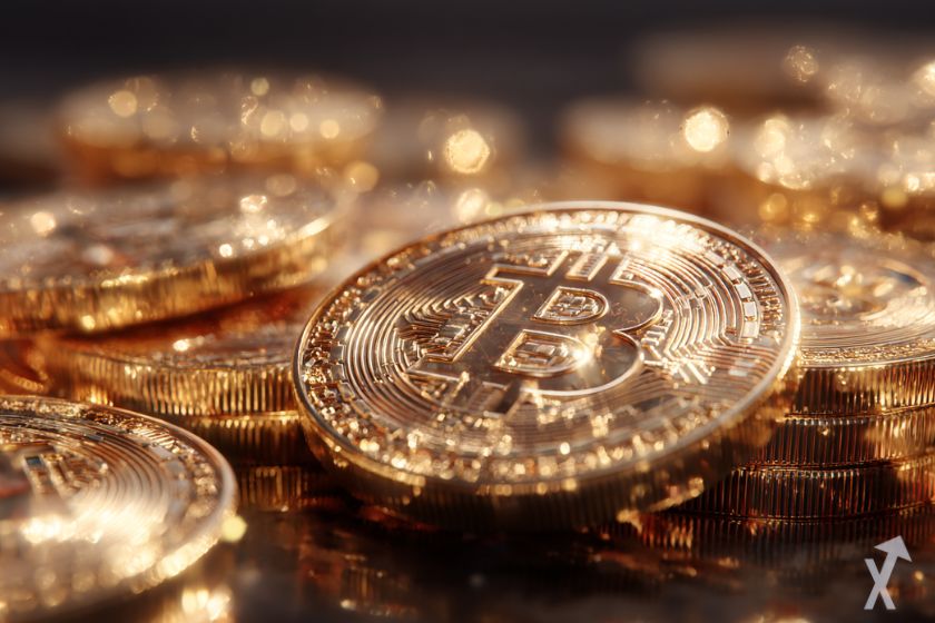 Varios Bitcoins dorados brillantes.