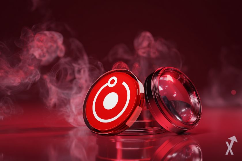 Moneda 3D roja junto lupa, fondo.