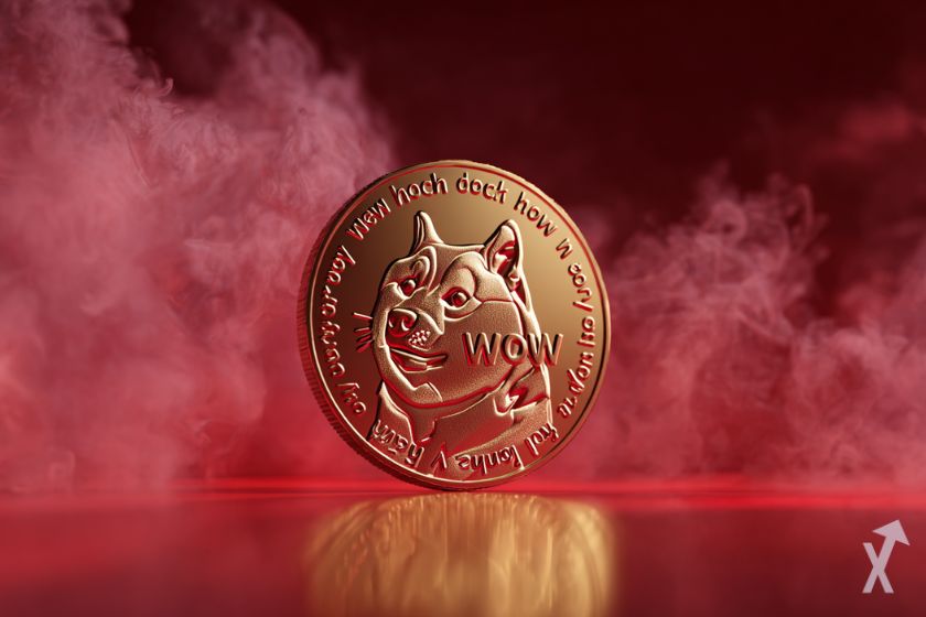 Perro coin Dogecoin en humo rojo.