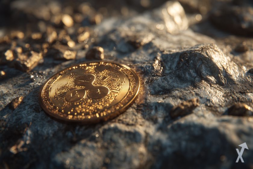 Moneda criptográfica XRP brillante en suelo.