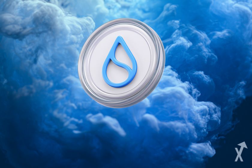 Moneda 3D sobre nube azul.