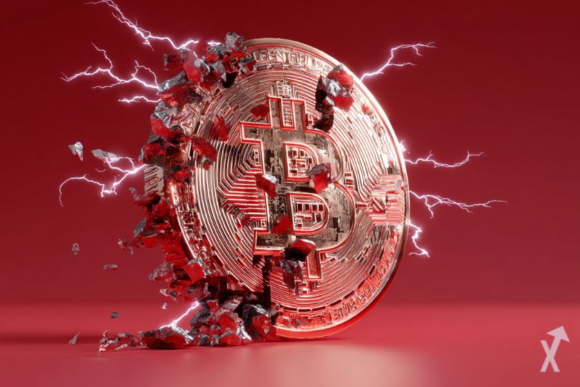 Moneda bitcoin 3D con rayos rojos.