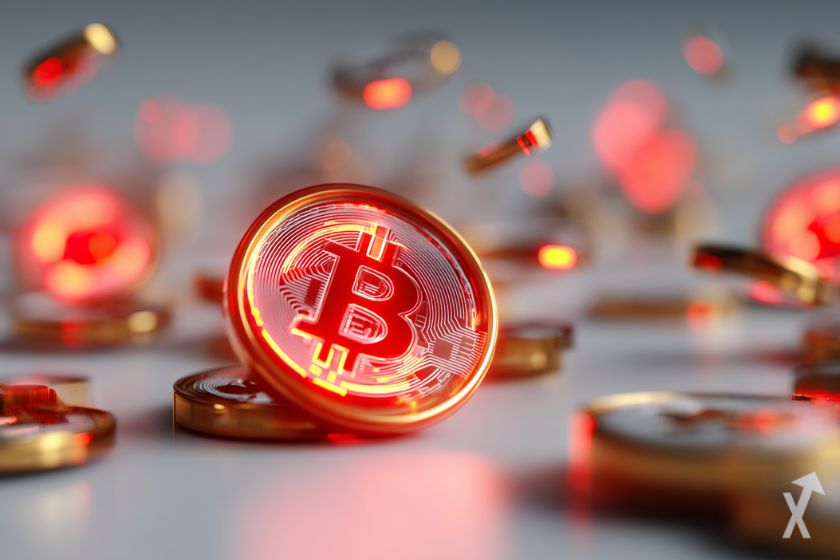 Moneda bitcoin 3D con luces rojas.