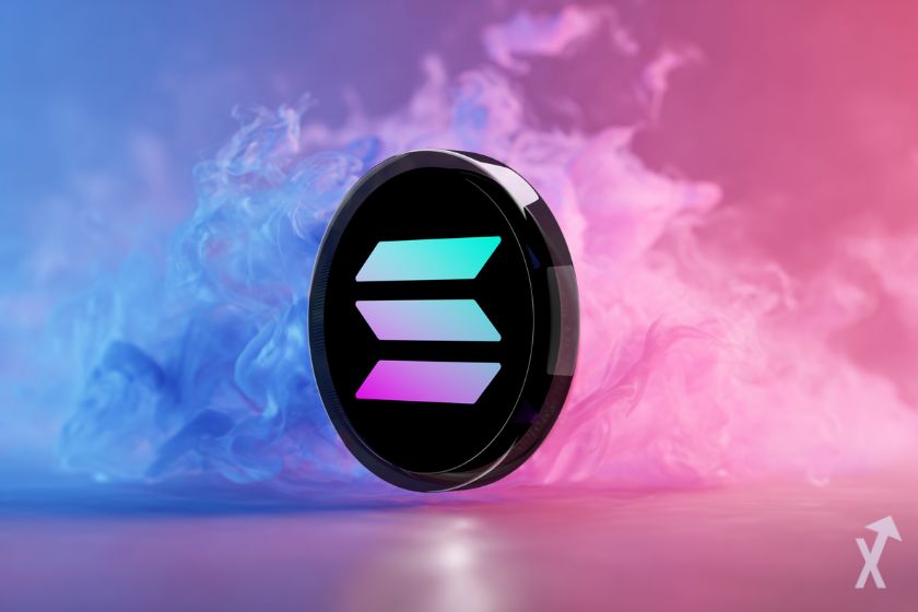 Moneda Solana en humo morado brillante.