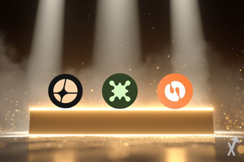 Podio iluminado con 3 altcoins.