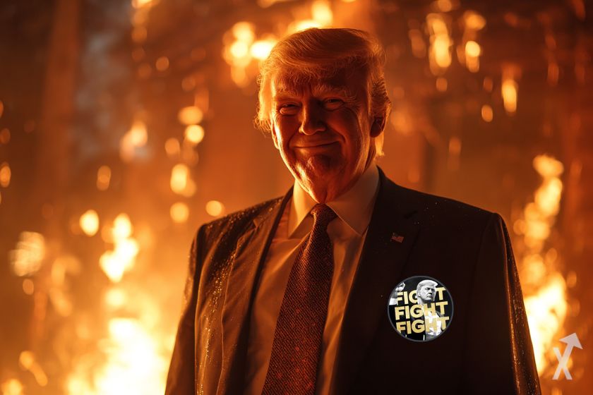 Donald Trump en un ambiente dramático.