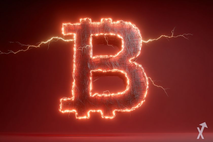 Logo Bitcoin y rayos naranjas brillantes.