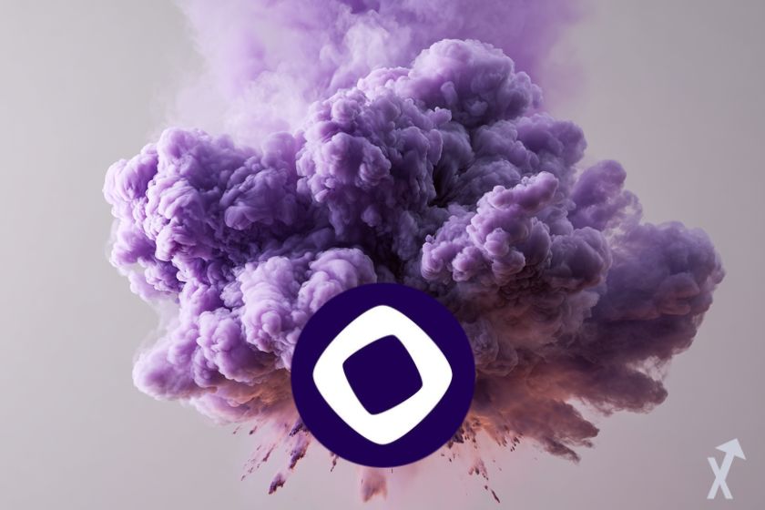 Logo monad en explosión violeta.