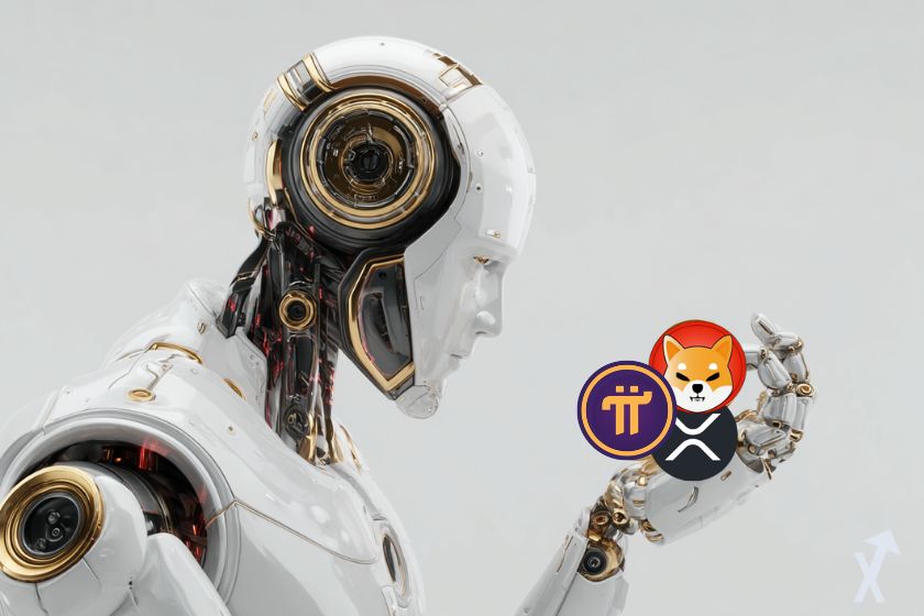 Robot con 3 criptomonedas: XRP, Shiba Inu y Pi Coin.