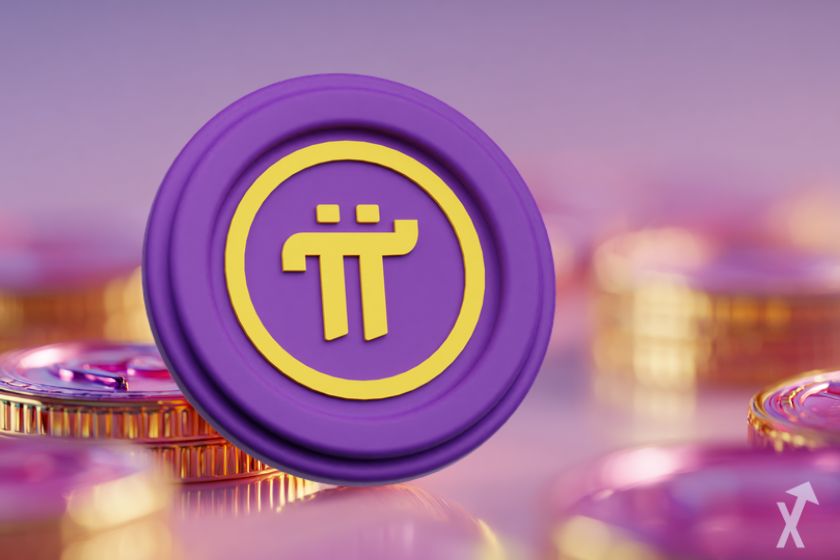 Logotipo de Pi Network en entorno violeta y dorado con otros lugares.