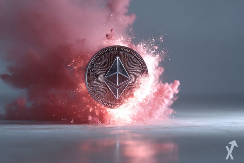 Moneda Ethereum 3D en explosión ardiente.