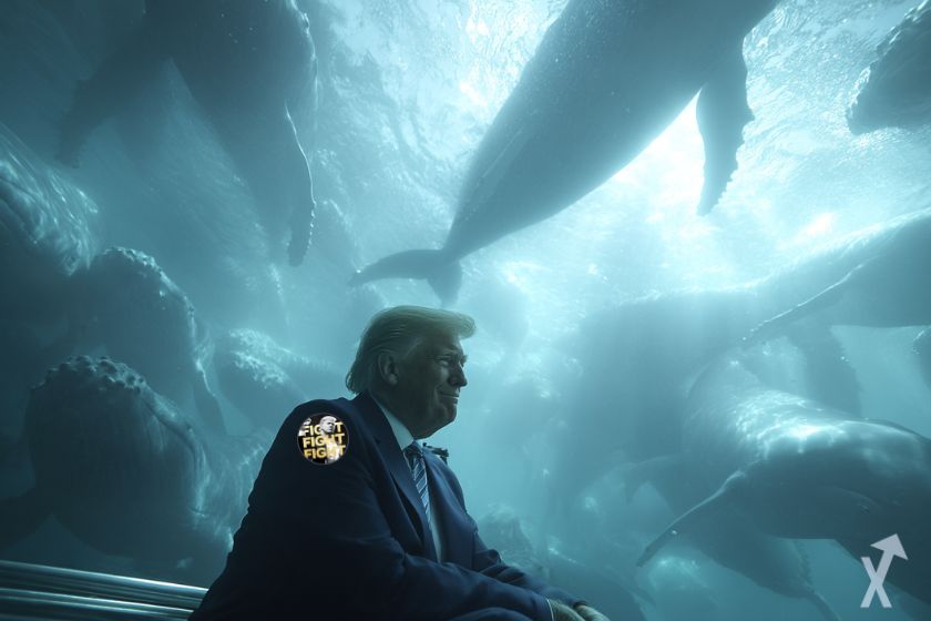 "Trump sonriente rodeado de ballenas"