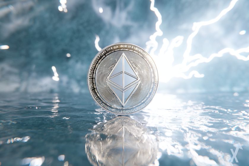 Moneda Ethereum brillando en agua.