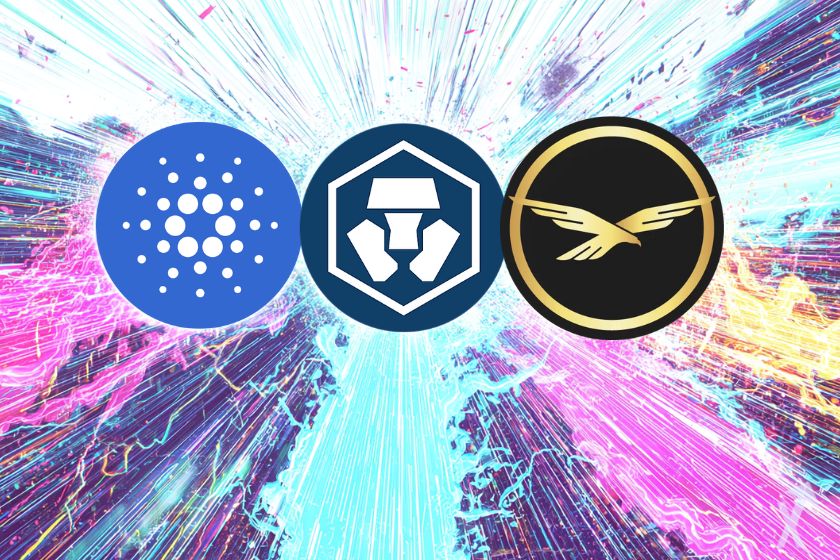 Tres criptomonedas sobre fondo colorido.