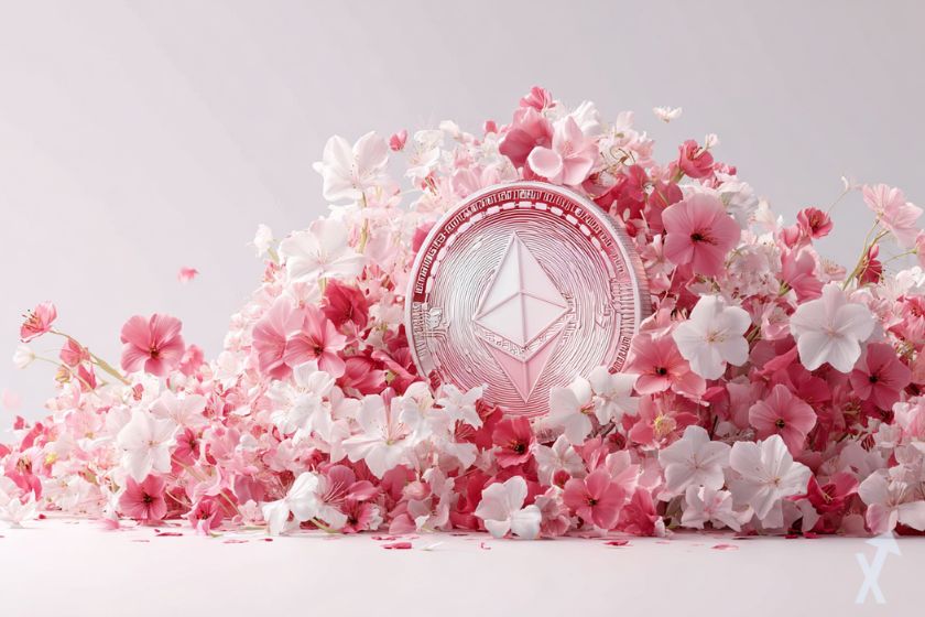 Moneda ethereum en medio de flores.