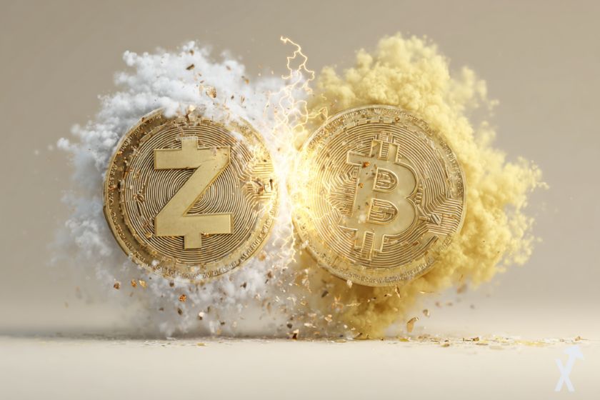 Moneda Zcash y Bitcoin duelando.