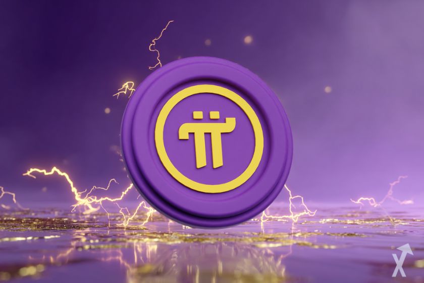 "Logo de moneda Pi con relámpagos dorados sobre fondo violeta y dorado"