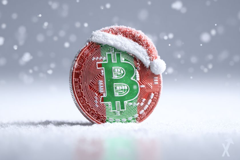 Moneda bitcoin 3D navideña en nieve.