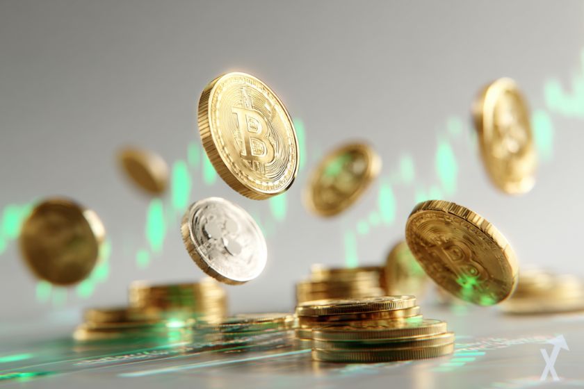 "Varias esquinas 3D cayendo fondo gris" - Caída de esquinas cripto en 3D.