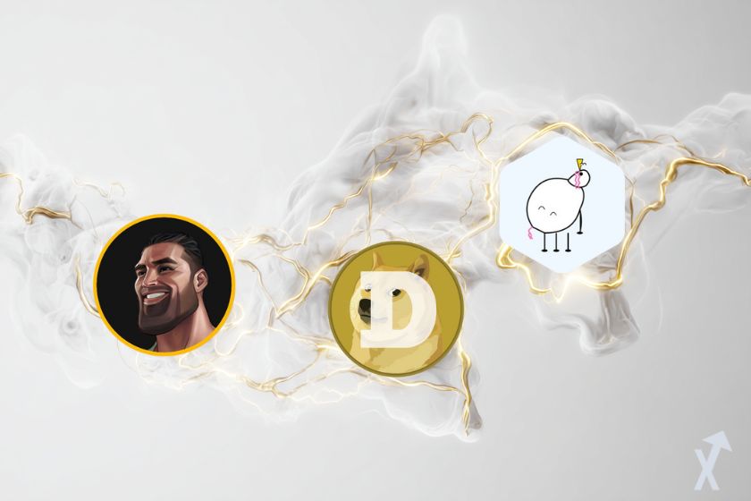3 memecoins en dorado y luminoso.
