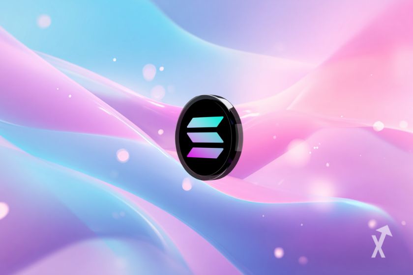 Token Solana negro en rosa y azul.