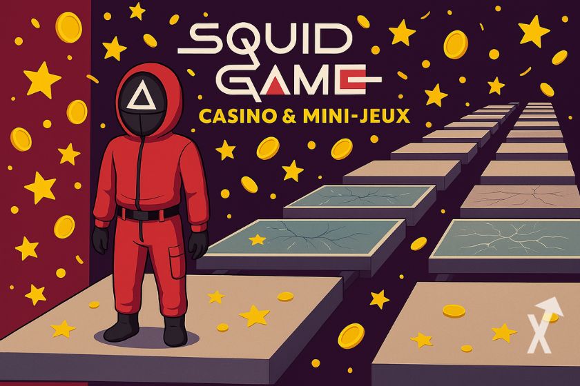 Imagen de portada del juego Squid Game con colores oscuros y un personaje del juego