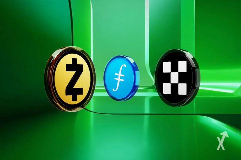 Tres tokens cripto en fondo verde.