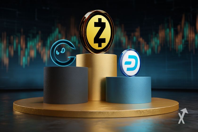 Podio con tokens Zcash, GHOST y Dash.