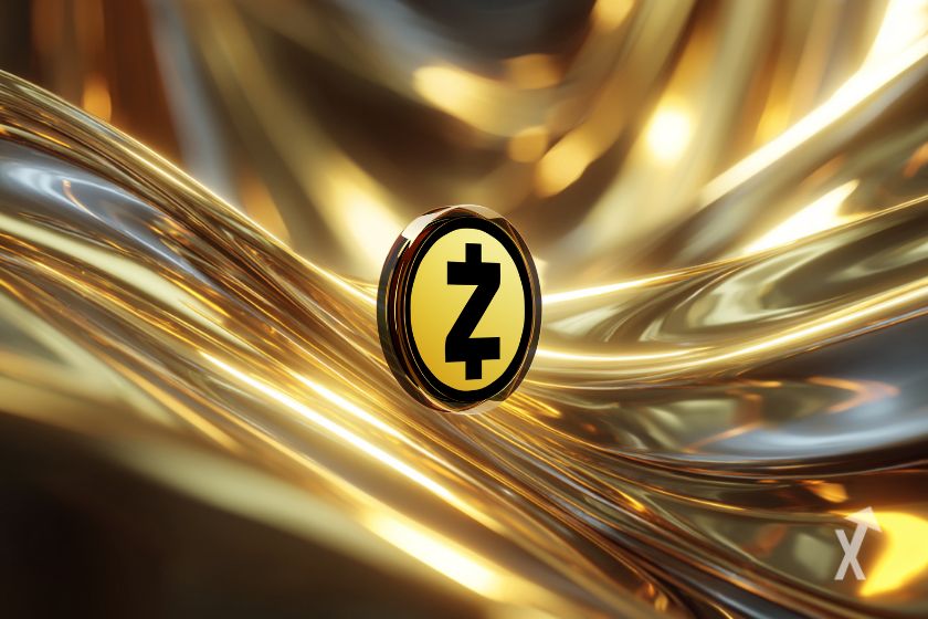 Token Zcash sobre dorado con formas abstractas.