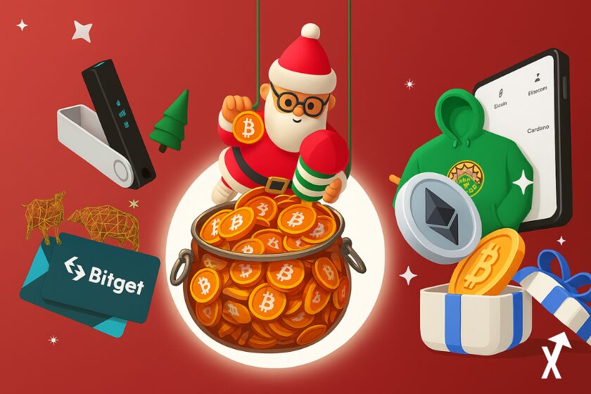Regalos de Navidad cripto con el fundo en rojo.