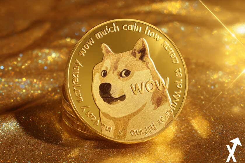 "dogecoin oro sobre fondo dorado"