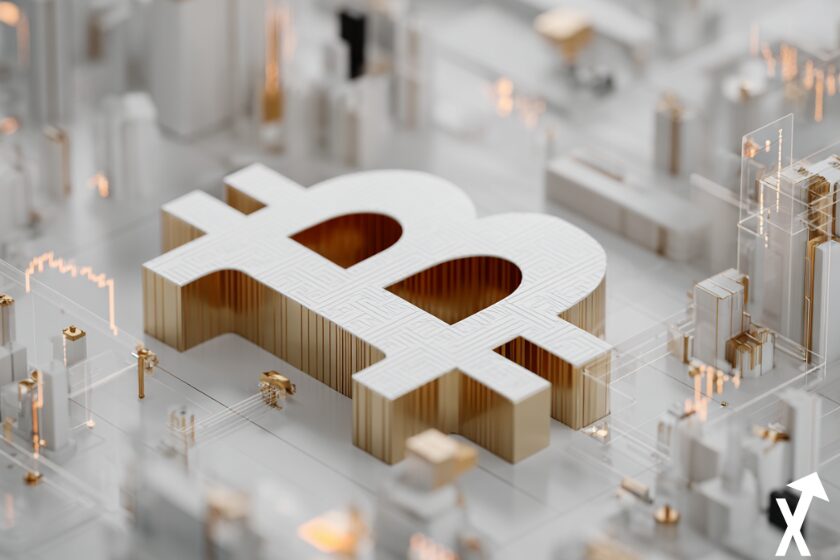 Logo de Bitcoin sobre blockchain blanco.