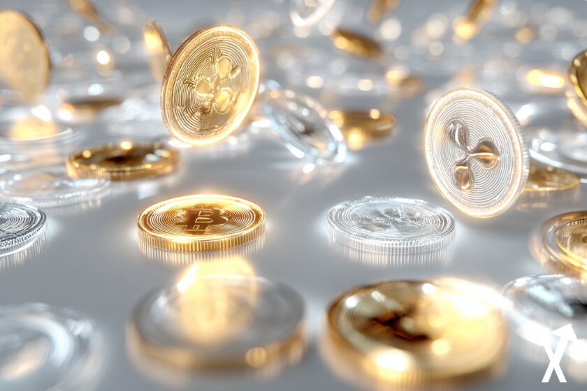 Ilustración mercado cripto XRP Bitcoin Ethereum.