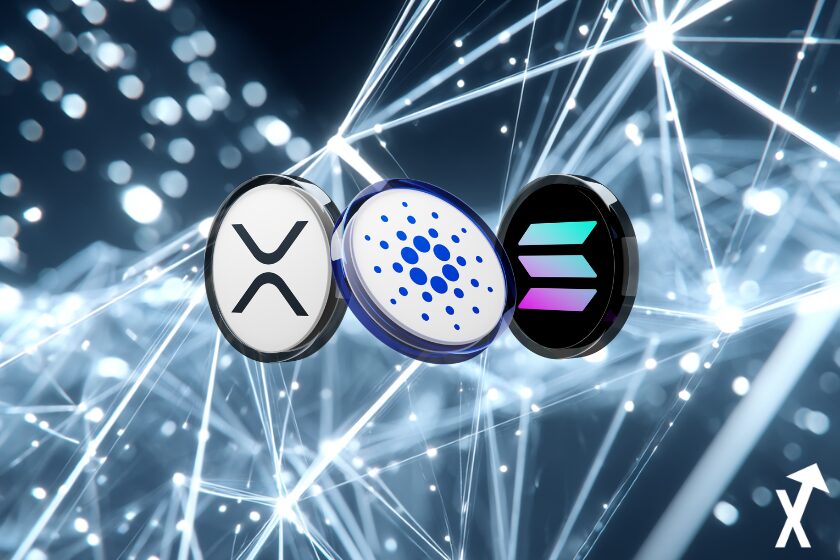 Monedas XRP en fondo blanco azul.