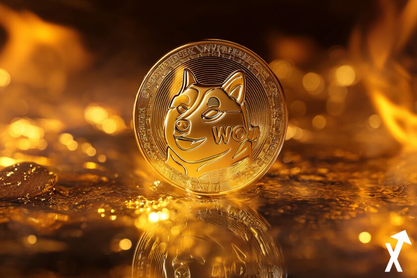 Criptomoneda Dogecoin brillante en oro.