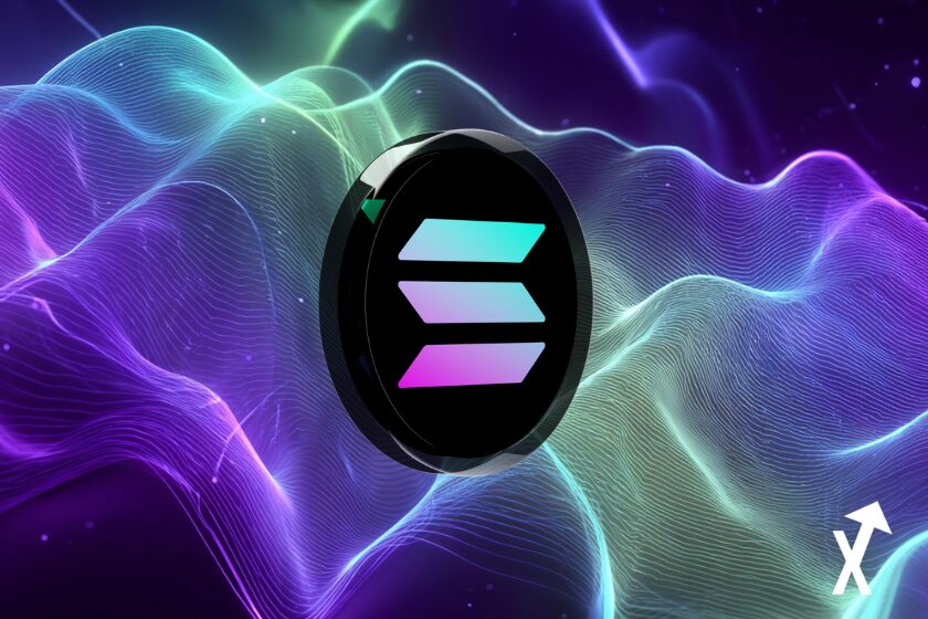 Moneda Solana negra sobre fondo azul.