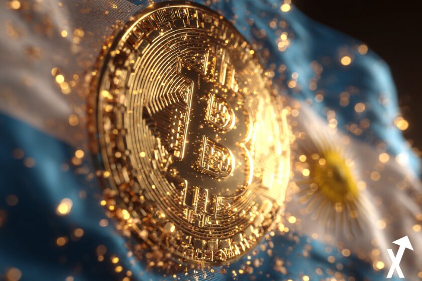 Bandera argentina con logo de bitcoin.