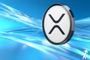 Criptomoneda XRP en fondo azul.