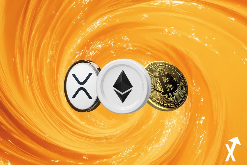 Criptomonedas XRP, Ethereum, Bitcoin en espiral.