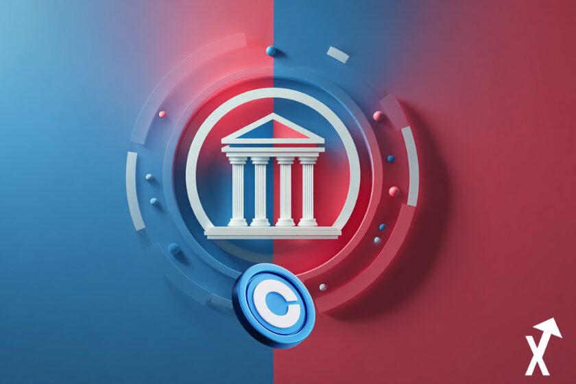 Criptomoneda en fondo azul y rojo.