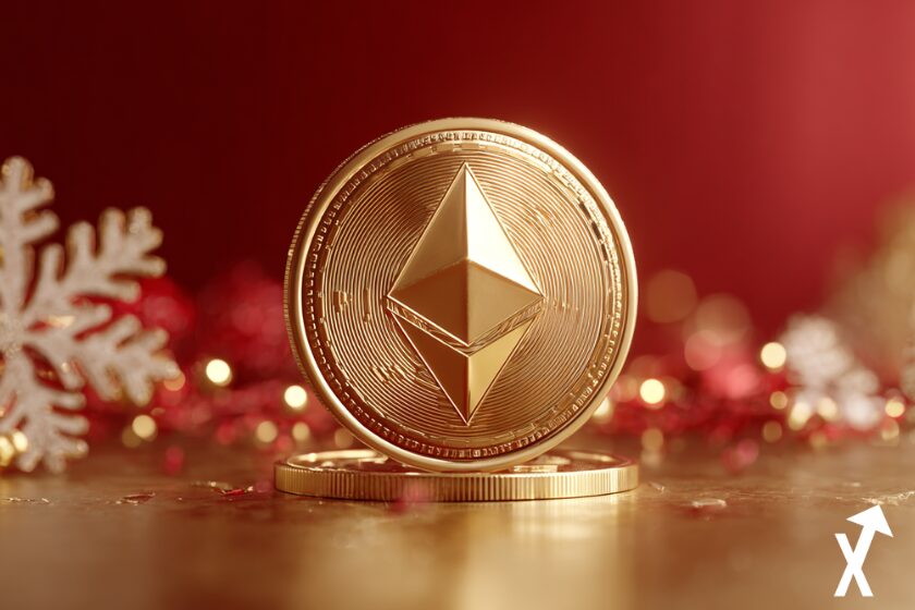 Criptomoneda Ethereum dorada en fondo festivo.