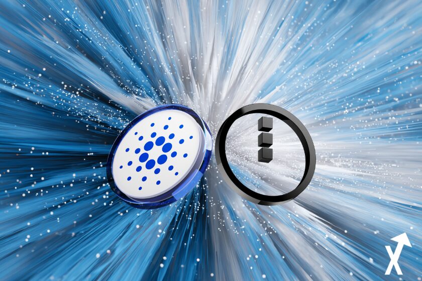 Moneda Cardano nocturna sobre fondo criptogr&aacute;fico.