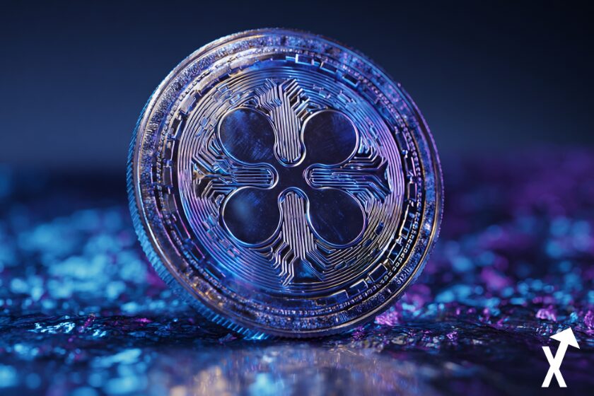Cripto XRP: moneda violeta en azul.
